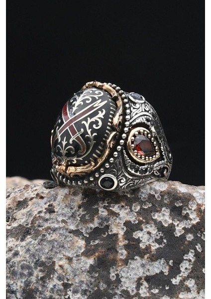 Özel Tasarım Hz. Ali'nin Kılıcı Zülfikar Mineli 925 Ayar Gümüş Erkek Yüzüğü 902335