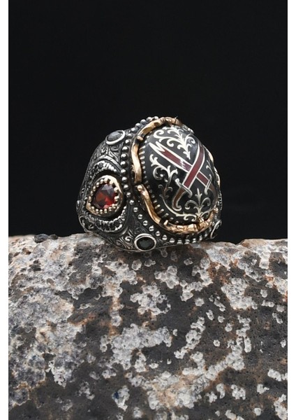 Özel Tasarım Hz. Ali'nin Kılıcı Zülfikar Mineli 925 Ayar Gümüş Erkek Yüzüğü 902335 modelleri