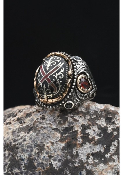 Özel Tasarım Hz. Ali'nin Kılıcı Zülfikar Mineli 925 Ayar Gümüş Erkek Yüzüğü 902335 fırsatları