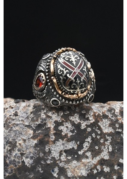 Özel Tasarım Hz. Ali'nin Kılıcı Zülfikar Mineli 925 Ayar Gümüş Erkek Yüzüğü 902335 indirimleri