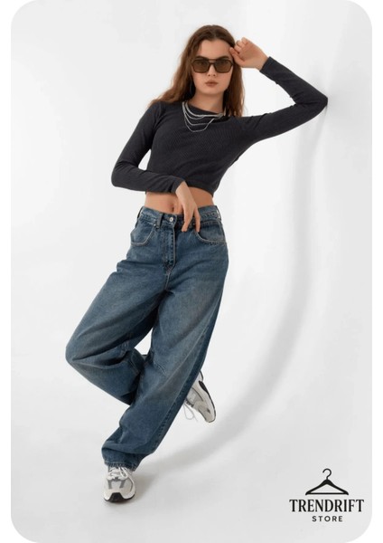 👖 Baggy Yıkamalı Toka Detaylı Bol Kesim Kadın Jean – Rahat Form, Geniş Paça, Modern Salaş Stil