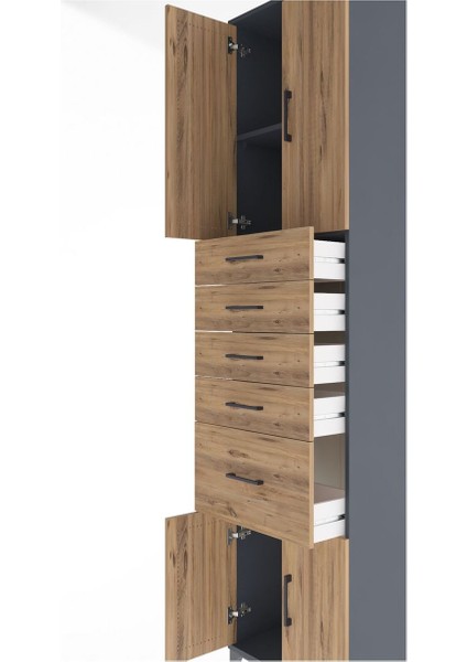 Arges Dolap 2 Raflı 5 Çekmeceli 4 Kapaklı 60X30X243 Antrasit-Çam indirimleri