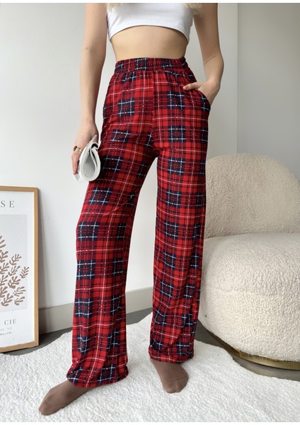 Kadın Kırmızı Pamuklu Ekose Desenli Beli Lastikli Pijama Altı Eşofman
