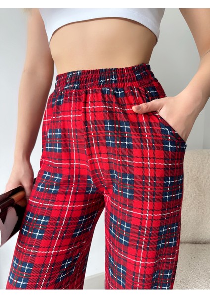 Kadın Kırmızı Pamuklu Ekose Desenli Beli Lastikli Pijama Altı Eşofman modelleri