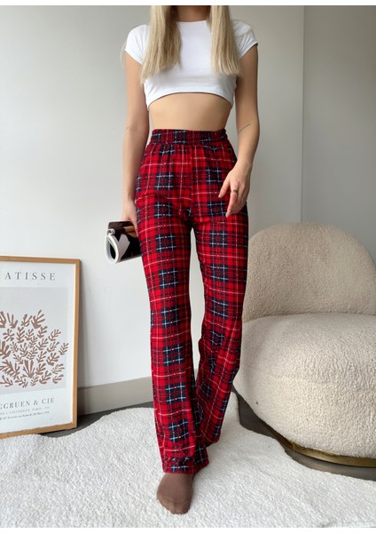 Kadın Kırmızı Pamuklu Ekose Desenli Beli Lastikli Pijama Altı Eşofman fırsatları