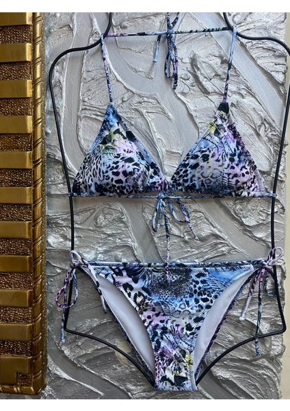 Kadın Likralı Yandan Boyundan Bağlamalı Şık Ipli Üçgen Bikini Takım