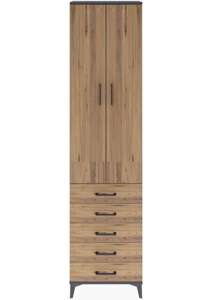 Arges Dolap 4 Raflı 5 Çekmeceli 2 Kapaklı 60X30X243 Antrasit-Çam