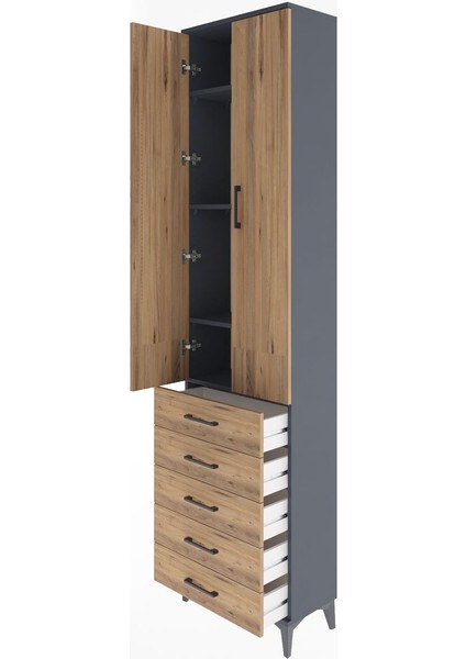 Arges Dolap 4 Raflı 5 Çekmeceli 2 Kapaklı 60X30X243 Antrasit-Çam fırsatları