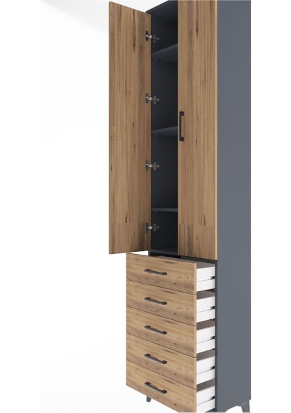 Arges Dolap 4 Raflı 5 Çekmeceli 2 Kapaklı 60X30X243 Antrasit-Çam indirimleri