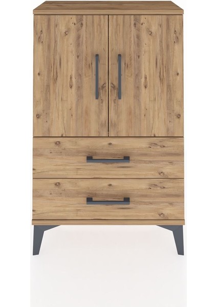 Arges Komodin 2 Raflı 2 Çekmeceli 2 Kapaklı 60X30X96 Çam-Çam