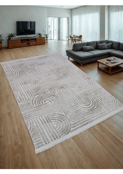 Dinar Osso Krem Vizon Saçaklı Kabartmalı Yıkanabilir Kesme Yolluk Halı