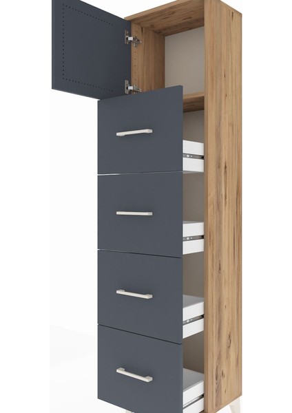 Arges Dolap Tek Raflı 4 Çekmeceli Tek Kapaklı 44X30X182 Çam-Antrasit indirimleri