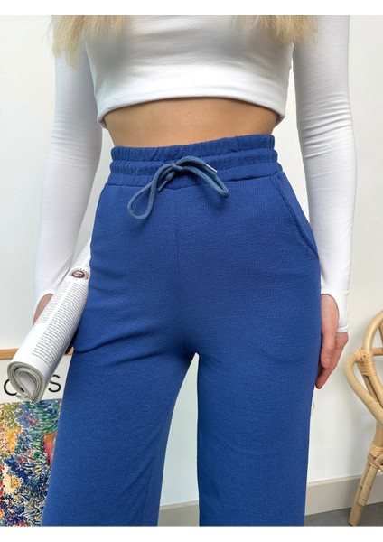 Kadın Lacivert Örgü Kumaş Beli Lastikli Geniş Paça Pantolon