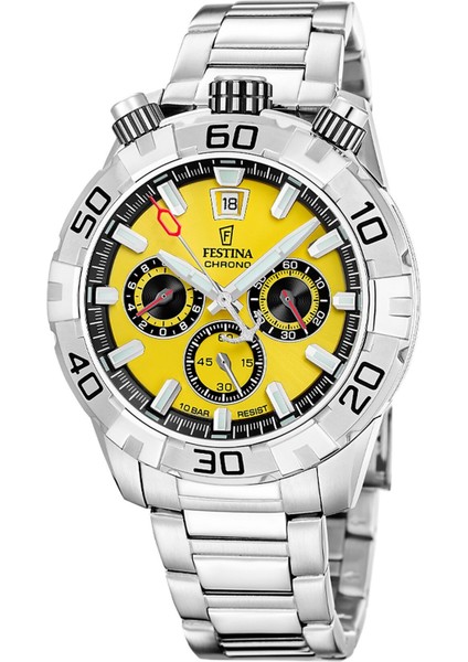 F20743/4 Quartz Chrono Çelik Gri Sarı Kadran 10 Atm 45 mm Erkek Kol Saati