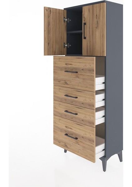 Arges Dolap 2 Raflı 4 Çekmeceli 2 Kapaklı 60X30X163 Antrasit-Çam fırsatları