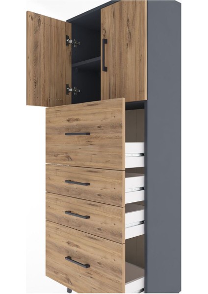 Arges Dolap 2 Raflı 4 Çekmeceli 2 Kapaklı 60X30X163 Antrasit-Çam indirimleri