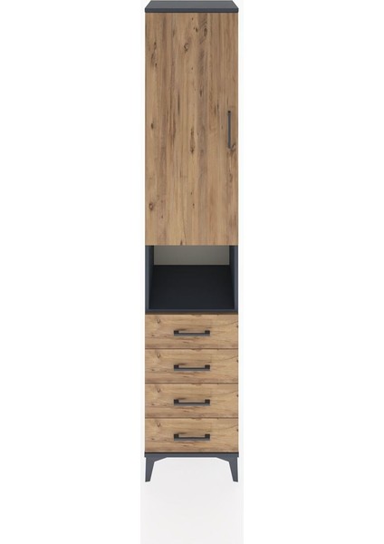 Hyperion Dolap 4 Raflı 4 Çekmeceli Tek Kapaklı 44X44X221 Antrasit-Çam