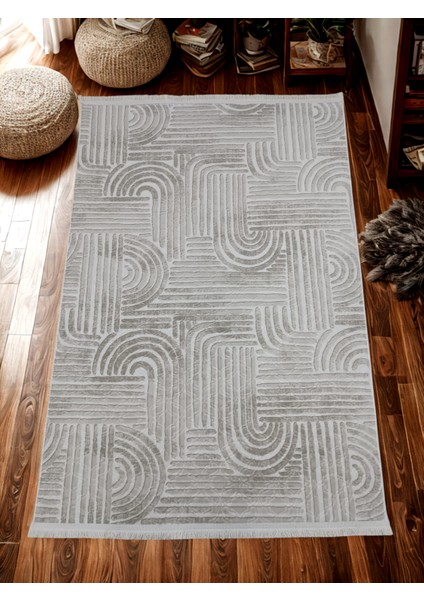 Dinar Osso Krem Vizon Saçaklı Kabartmalı Yıkanabilir Kesme Yolluk Halı