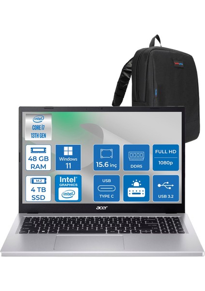 Aspire Go 15 Intel Core I7-13620H Ddr5 48GB 4tb SSD Windows 11 Pro Intel UHD Graphics 15,6" Fhd (1920 x 1080) IPS Taşınabilir Bilgisayar NXJ6SEY001P25 + Zetta Çanta