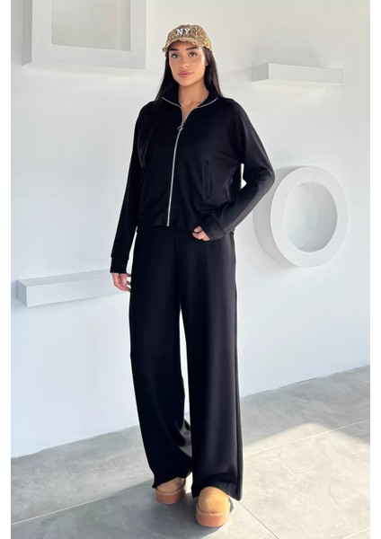 Kadın Ön Fermuarlı Sweat Bel Lastikli Palazzo Pantolon Ikili Takım P-00018850