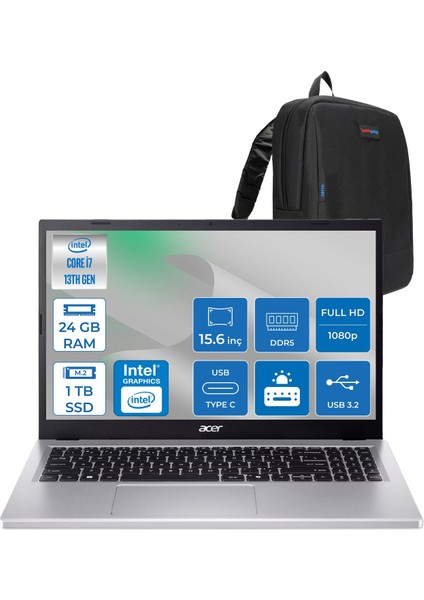 Aspire Go 15 Intel Core I7-13620H Ddr5 24GB 1tb SSD Freedos Intel UHD Graphics 15,6" Fhd (1920 x 1080) IPS Taşınabilir Bilgisayar NXJ6SEY001F08 + Zetta Çanta