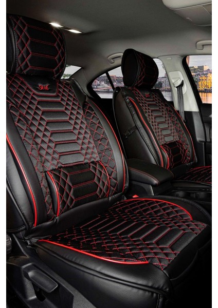 Seat Toledo Deri Oto Koltuk Kılıfı Ön Arka Takım Siyah Kırmızı Royal Serisi Scr