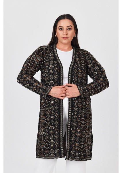 Kadın Siyah Çiçek Desenli Uzun Cepli Kilim Hırka fırsatları