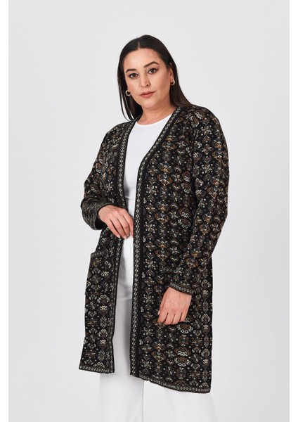 Kadın Siyah Çiçek Desenli Uzun Cepli Kilim Hırka indirimleri
