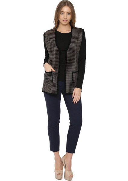 Kadın Siyah-Vizon Kazayağı Triko Anne Yelek