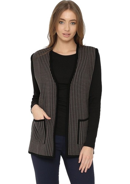 Kadın Siyah-Vizon Kazayağı Triko Anne Yelek fiyatları