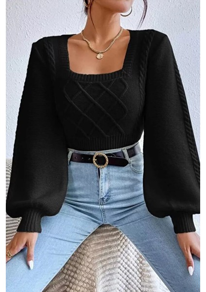 Kare Yaka Örgü Desenli Kadın Triko Kazak P-00018861