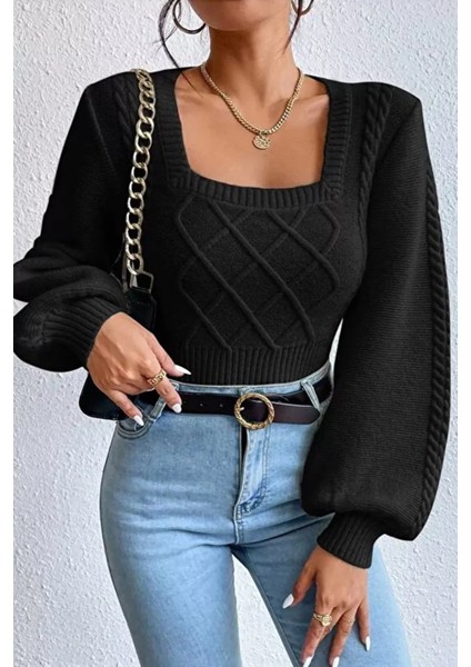 Kare Yaka Örgü Desenli Kadın Triko Kazak P-00018861 fiyatları