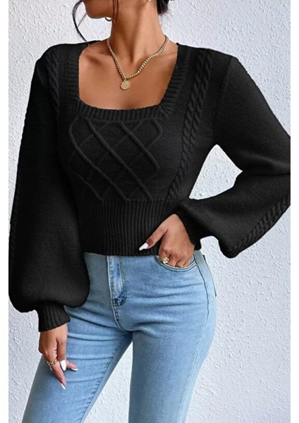 Kare Yaka Örgü Desenli Kadın Triko Kazak P-00018861 modelleri