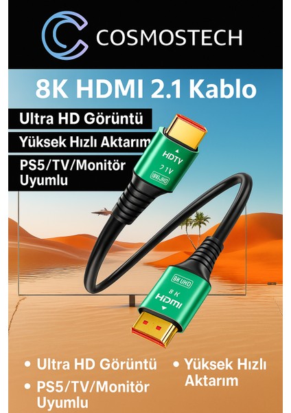 8k HDMI 2.1V Kablo 2 Metre – Ultra Yüksek Hız 48GBPS, Dolby Vision & HDR10 Destekli, Ps5 / Fire Tv / Xbox Uyumlu