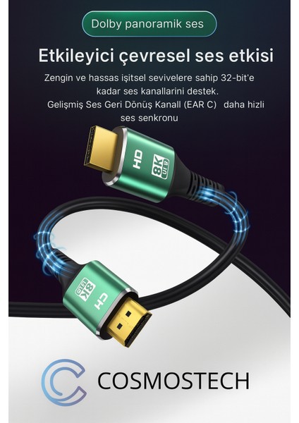 8k HDMI 2.1V Kablo 2 Metre – Ultra Yüksek Hız 48GBPS, Dolby Vision & HDR10 Destekli, Ps5 / Fire Tv / Xbox Uyumlu