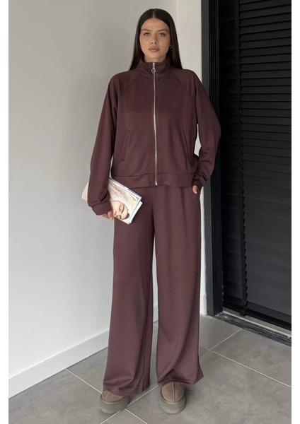 Kadın Ön Fermuarlı Sweat Bel Lastikli Palazzo Pantolon Ikili Takım P-00018850