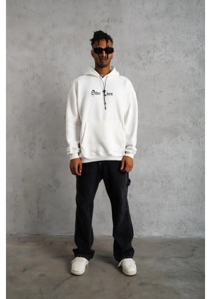 Erkek Oversize Üç Iplik Şardonlu Kapüşonlu Sweatshirt – Beyaz “other Lives” Ön ve Arka Baskılı, Kanguru Cepli, Ribanalı Rahat Kışlık Model Beyaz modelleri
