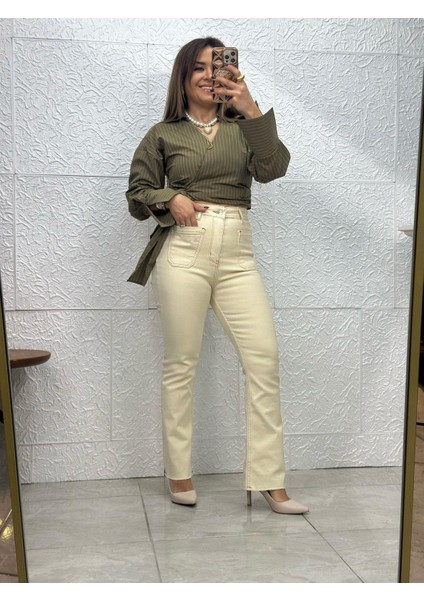 Krem Yüksek Bel Jean Pantolon