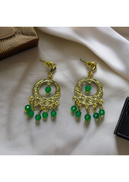 Altın Yaldız Kaplama Retro Etnik Yeşil Akik Doğal Taş Küpe