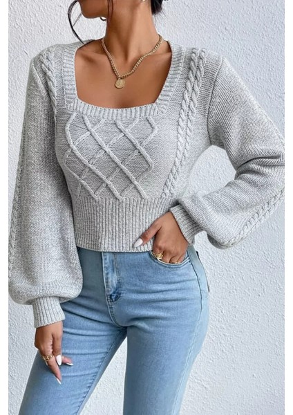 Kare Yaka Örgü Desenli Kadın Triko Kazak P-00018861