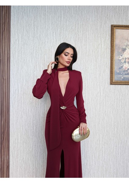 Şal Yaka Ön Düğüm Tokalı Uzun Elbise fiyatları