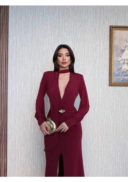 Şal Yaka Ön Düğüm Tokalı Uzun Elbise fırsatları