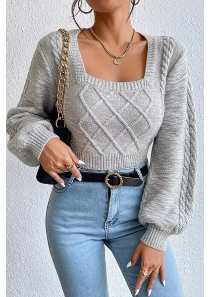 Kare Yaka Örgü Desenli Kadın Triko Kazak P-00018861 fiyatları