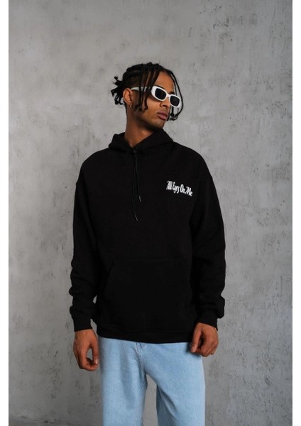 Erkek Oversize Üç Iplik Kapüşonlu Sweat – Siyah Kol ve Etek Ribana Detaylı, Ön ve Sırt Baskılı, Kanguru Cepli Rahat Kalıp Model