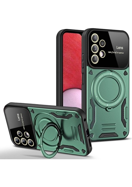 Samsung Galaxy A32 Kılıf Manyetik Standlı Joy Lens Premium Tank Silikon Kapak - Koyu Yeşil