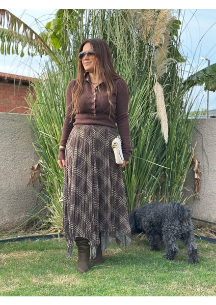 Parçalı Kahve Yeşil Ekose Etek