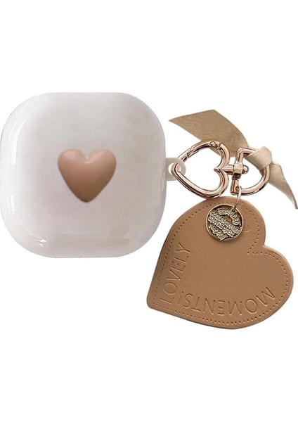 Galaxy Buds 2 ile Uyumlu Kılıf - Bej Kalpli Kapak - Anahtarlıklı, Parlak Şık Koruma