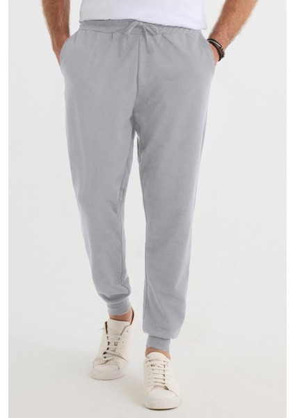 Erkek Regular Fit Klasik Kesim Beli Bağcıklı Jogger Cepli Lastikli Paça Gri Eşofman Altı