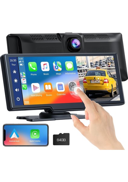 Kablosuz ve Auto, 2k Ön Dashcam'li Araba, Bluetooth 5.0/s/fm/aux/mirror LINK/64G Tf Card ile Taşınabilir 9.26 Inç Full Hd Dokunmatik Ekran Monitör