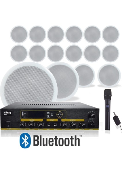 16’lı Tavan Hoparlörlü El Mikrofonlu Bluetooth Anfi Ses Sistemi Seti